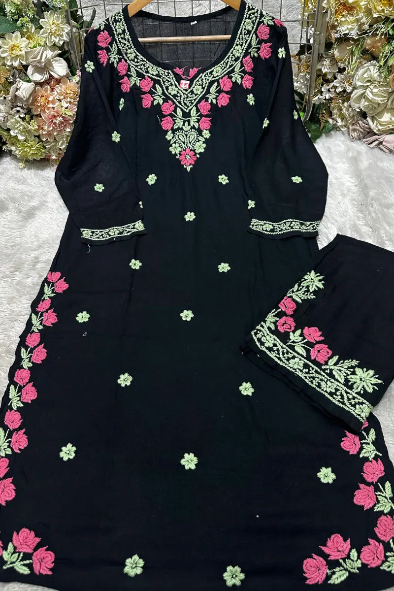 Black Chikankari Kurta Set with Pink Rose Floral Embroidery
