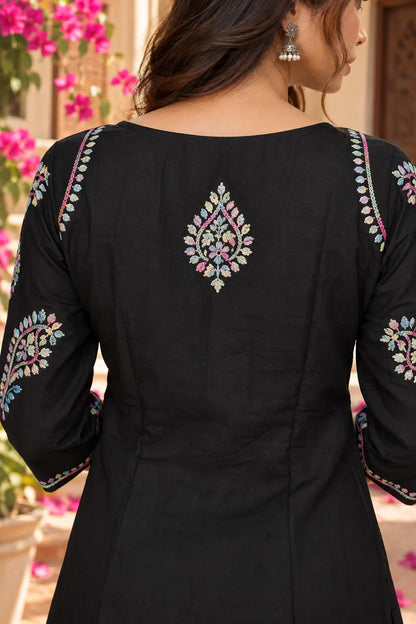 Black Chikankari kurta with multicolor floral embroidery and palazzo