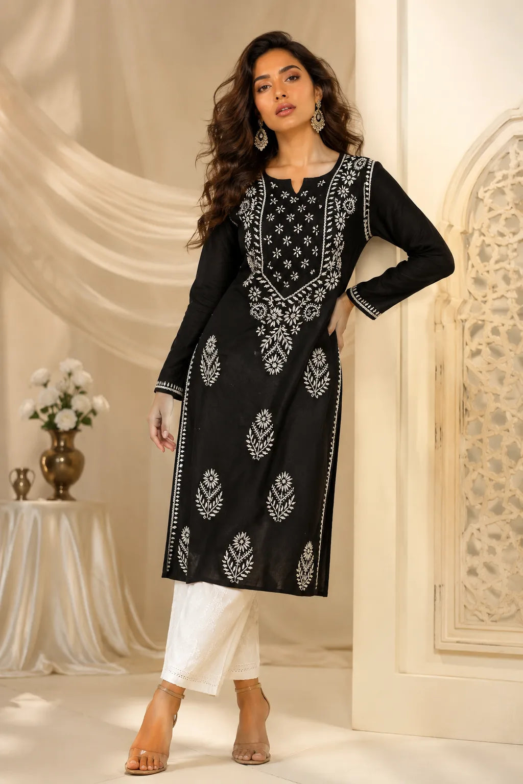Black Cotton Chikankari Kurti for Women by Dniza