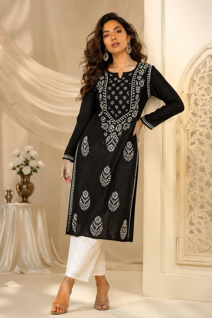 Black Cotton Chikankari Kurti for Women by Dniza