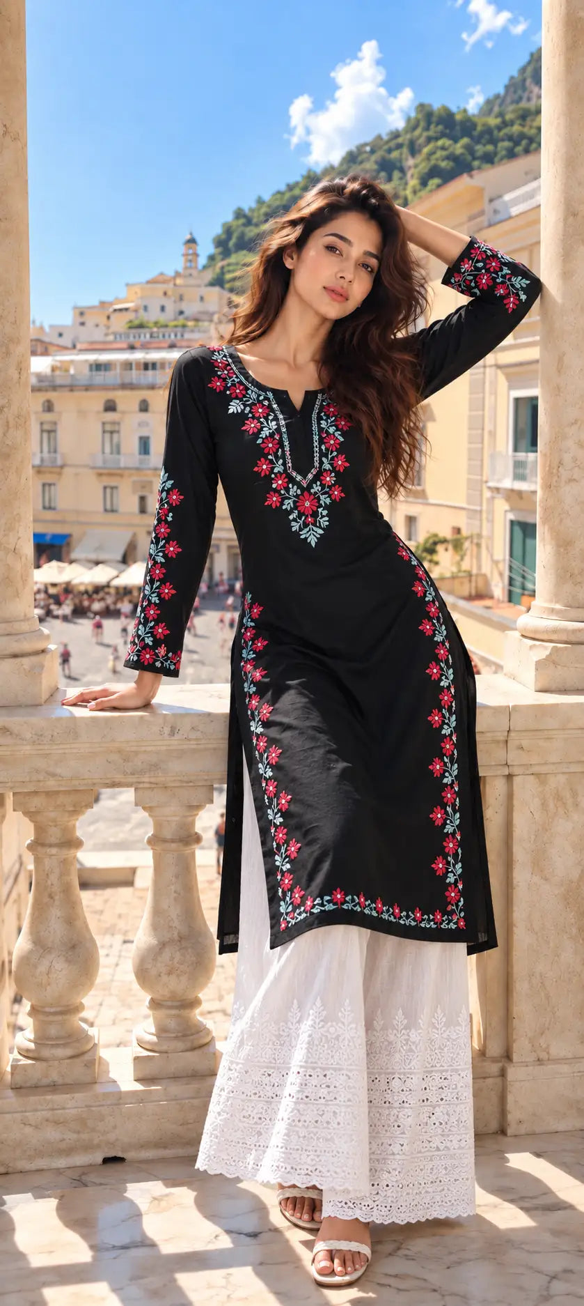Black Rayon Kurti with Red and Blue Floral Embroidery
