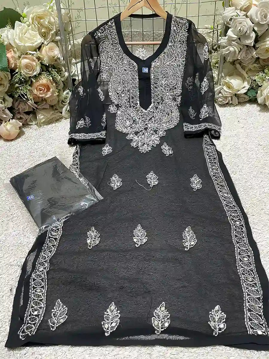 Black Georgette Kurti with Mirror Neckline and Matching Inner 
