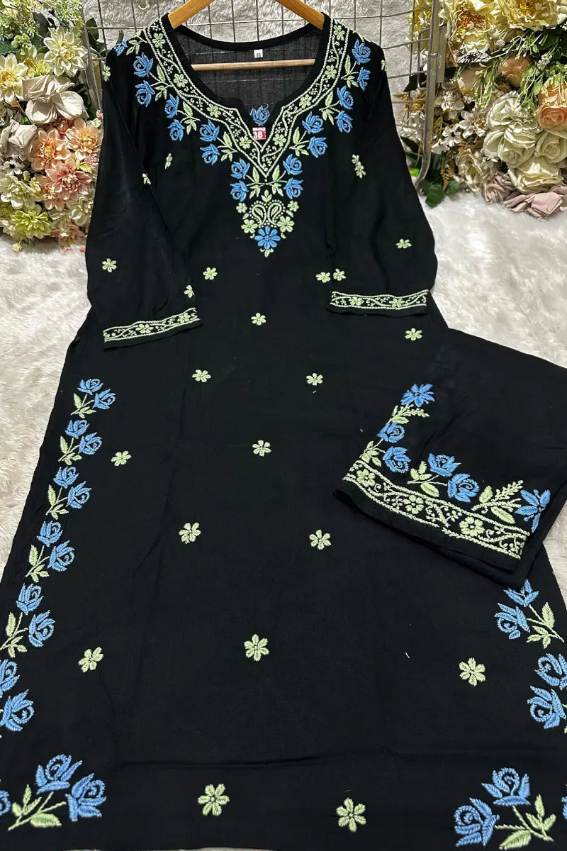Black Kurta Palazzo Set with Blue Rose Embroidered Detailing