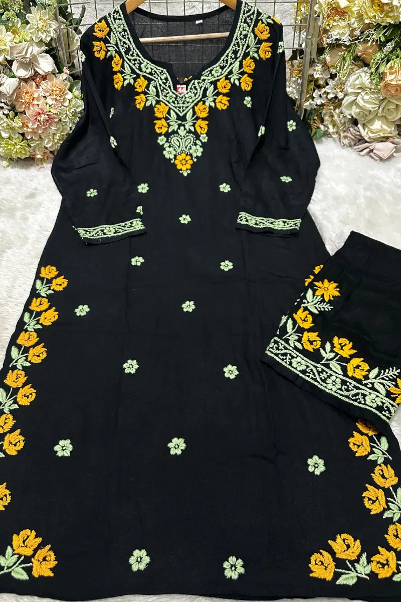 Black Kurta Set with Yellow Rose Embroidery and Matching Palazzo