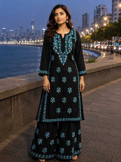 Black Modal Chikankari Kurta Palazzo Set for Women with Floral Embroidery