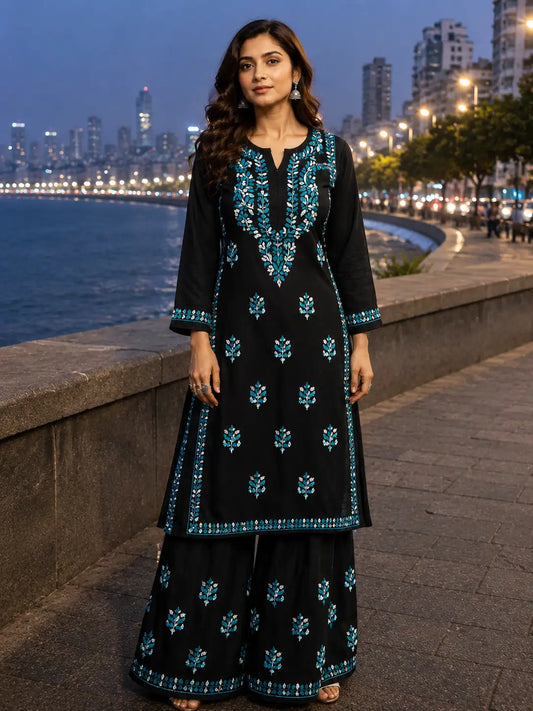Black Modal Chikankari Kurta Palazzo Set for Women with Floral Embroidery