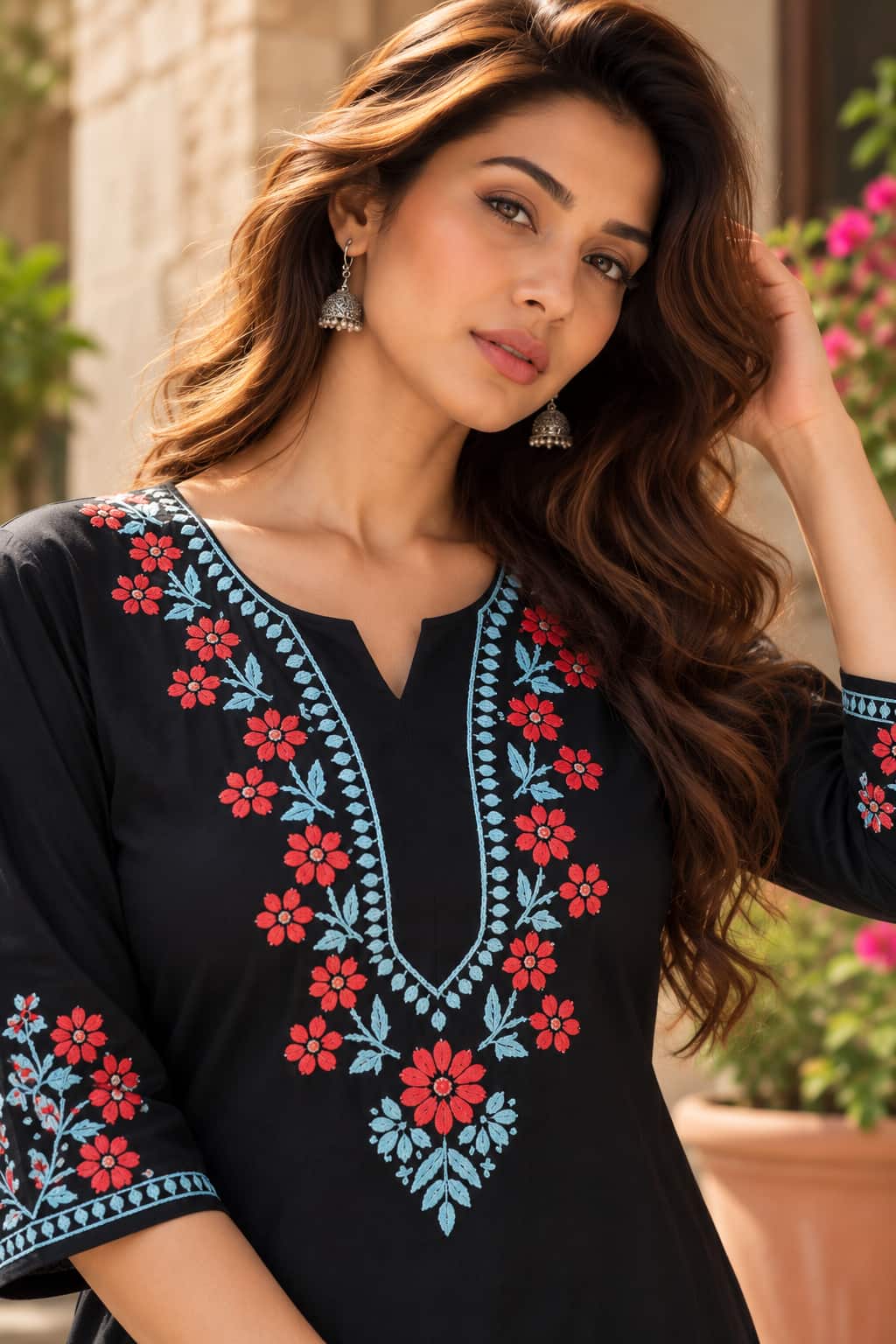 Black Rayon Floral Embroidered Kurti for Women