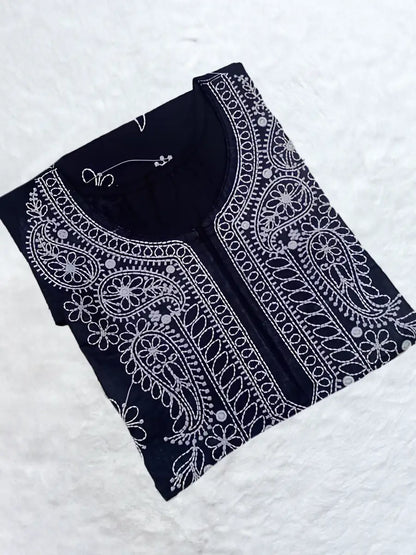 Black Rubiya Cotton short top with white neck and booti computer embroidery using Anchor thread (DC)