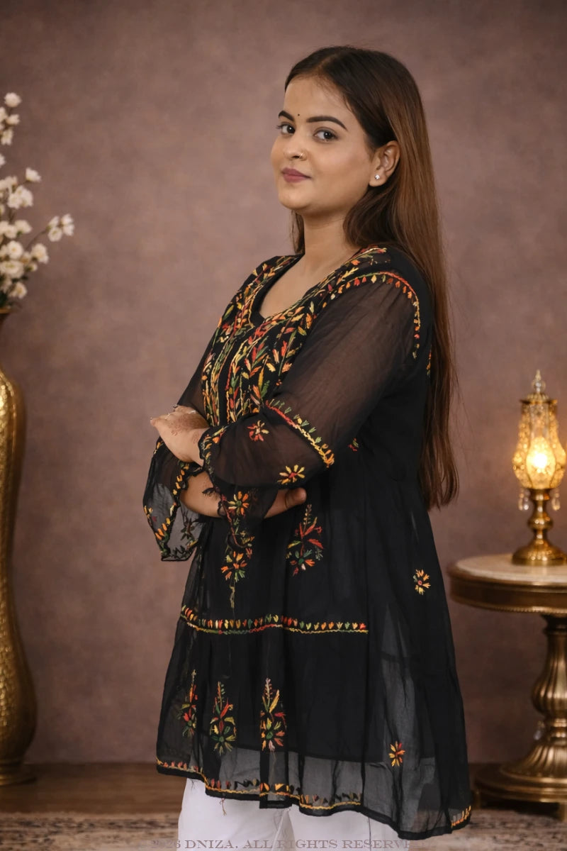 Black chikankari short kurti with multicolor floral embroidery on yoke and sleeves