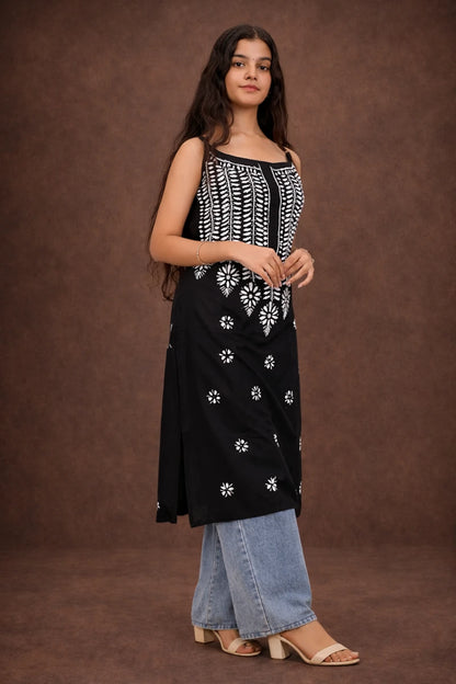 Black long spaghetti kurti for women with chikankari embroidery