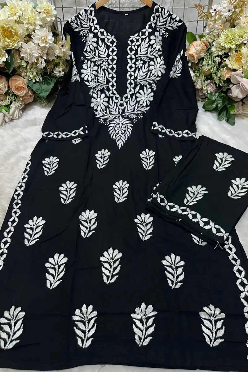Black rayon Chikankari kurti set with white embroidery