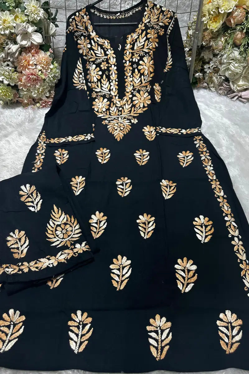 Black rayon Chikankari set with Antique Gold threadwork
