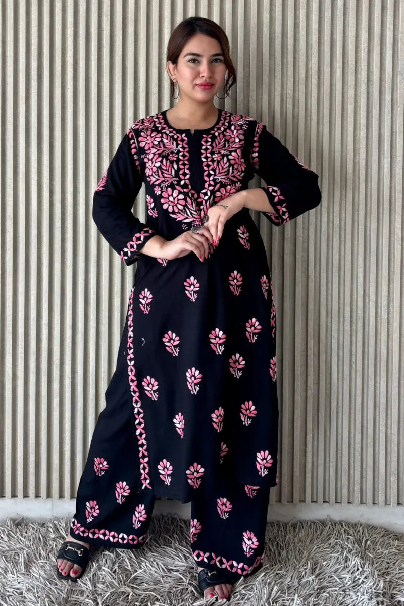 Black rayon Chikankari set with Blush Pink threadwork