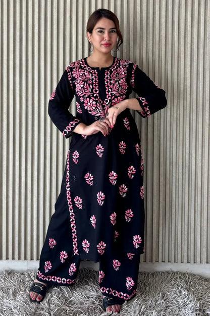 Black rayon Chikankari set with Blush Pink threadwork
