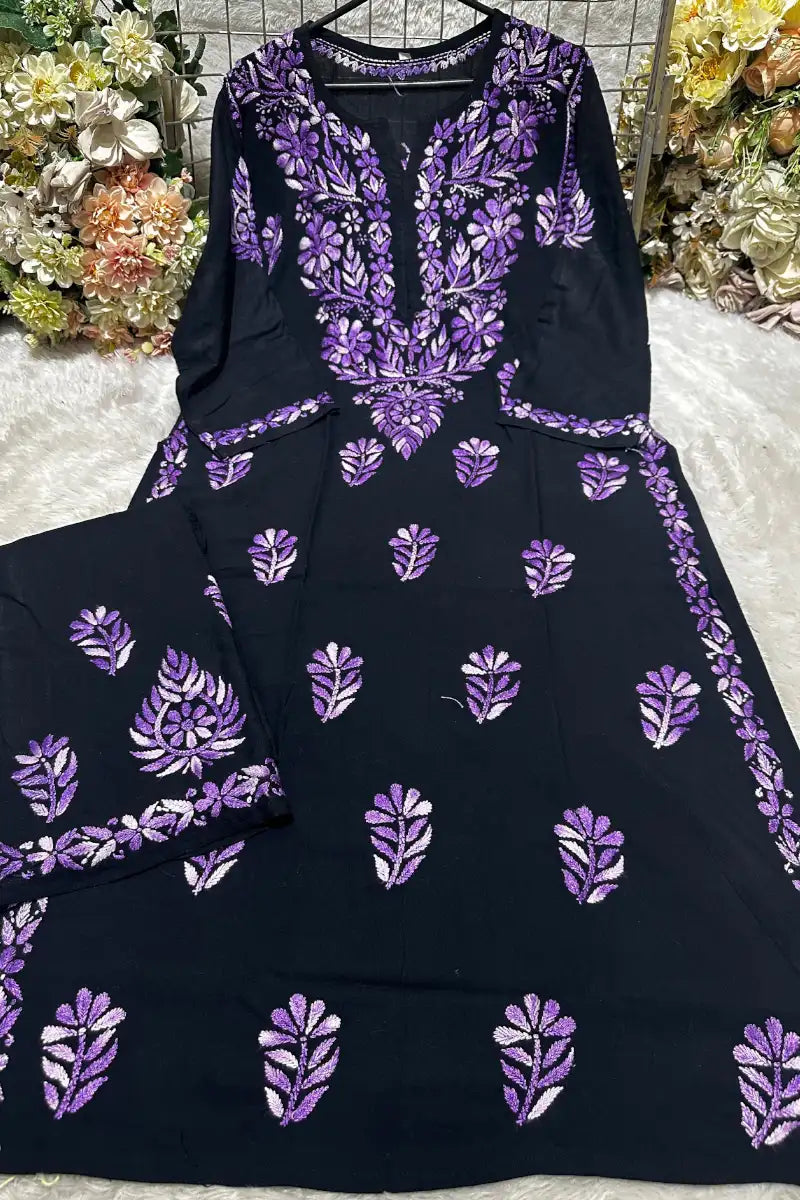 Black rayon Chikankari set with Lavender Purple threadwork