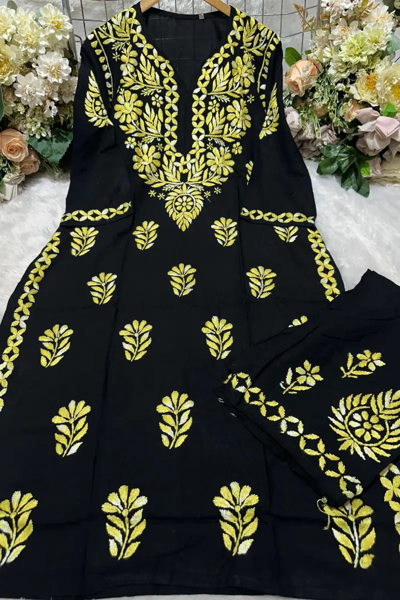 Black rayon Chikankari set with Mustard Yellow threadwork