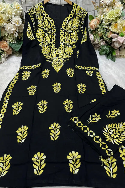 Black rayon Chikankari set with Mustard Yellow threadwork