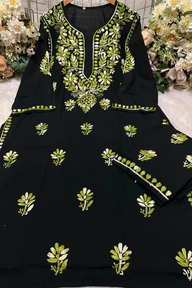 Black rayon Chikankari set with Olive Green threadwork