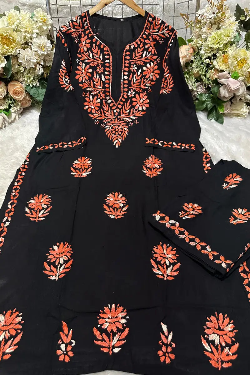 Black rayon Chikankari set with Rust Orange threadwork