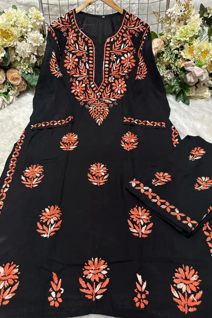 Black rayon Chikankari set with Rust Orange threadwork