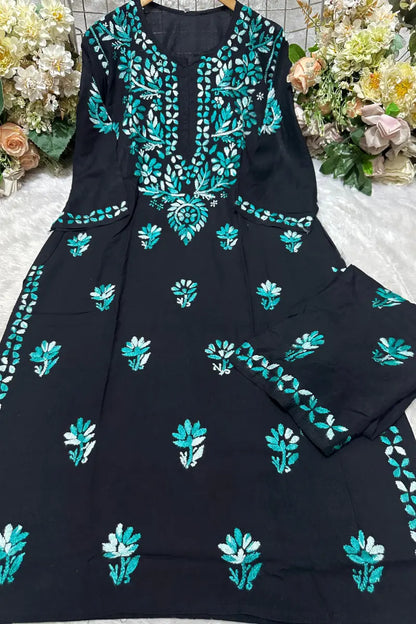 Black rayon Chikankari set with Turquoise Blue threadwork