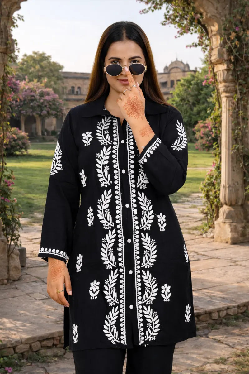 Black rayon cotton Chikankari set with white 3D Ghas Patti embroidery front view