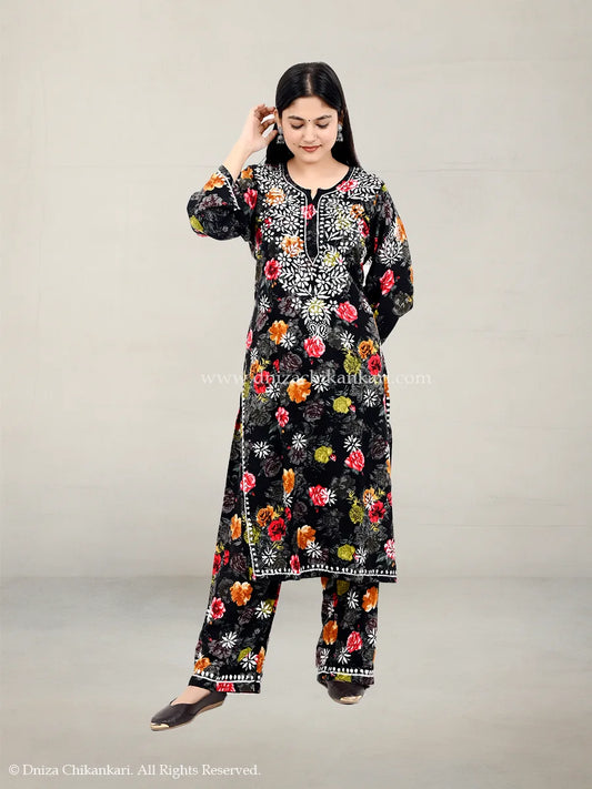 Black rayon floral embroidered chikankari plazo set with 44-inch kurti – Dniza Chikankari