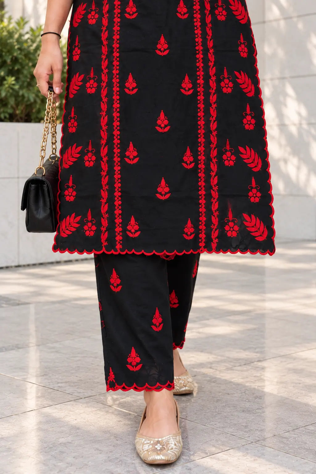Black red festive wear rayon kurti and pant set