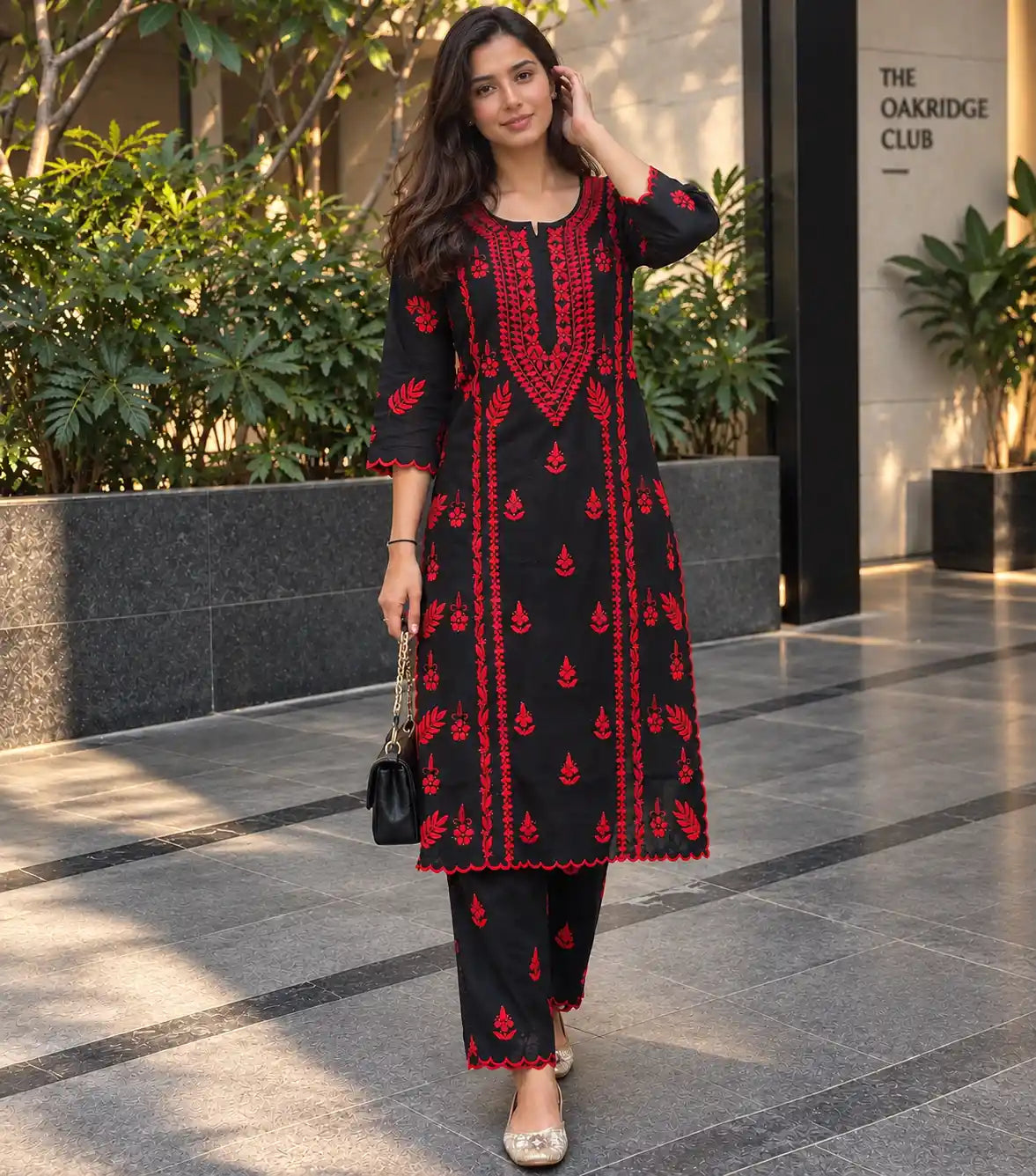 Black red rayon embroidered kurti pant set for women