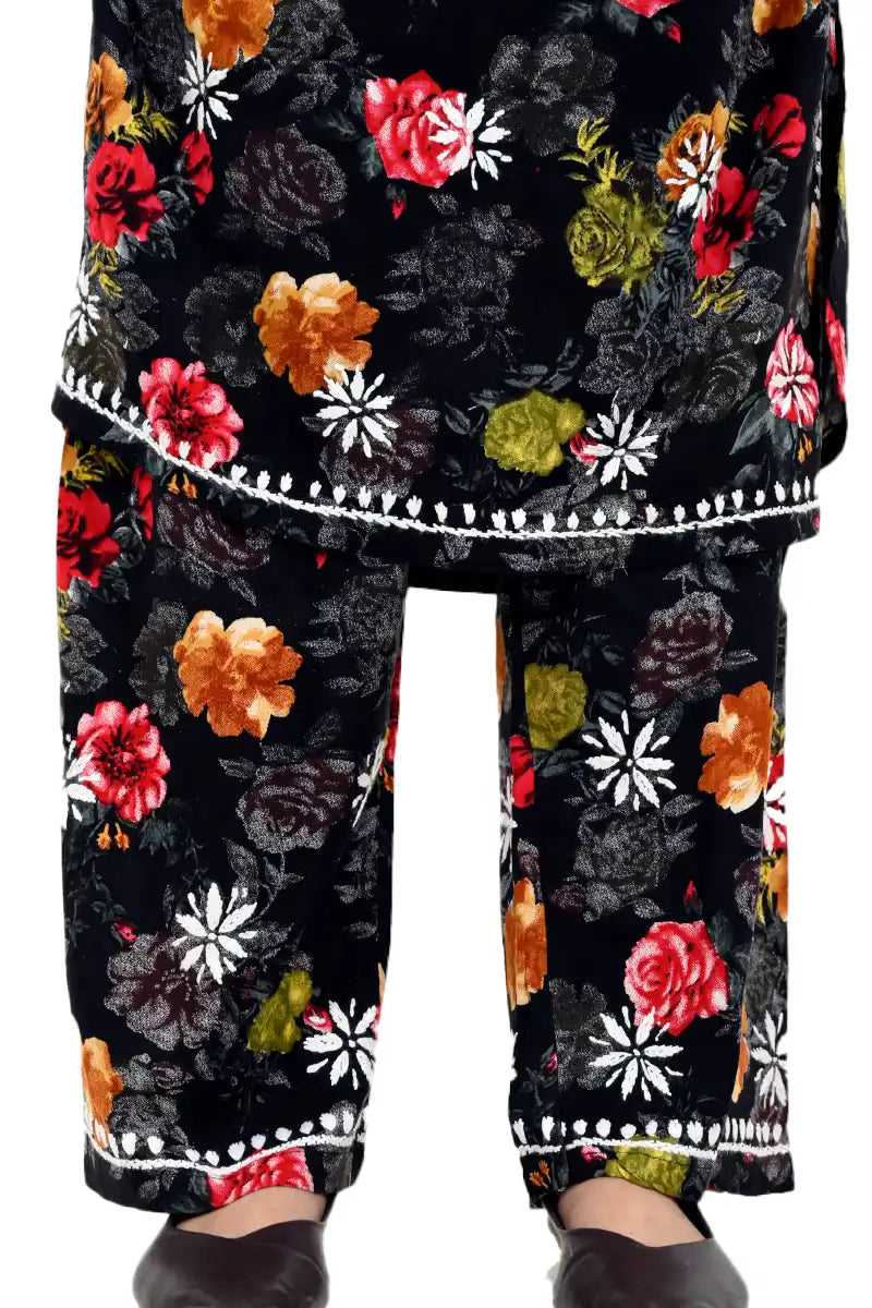 Black soft rayon floral embroidered chikankari plazo set  Kurt Bottom