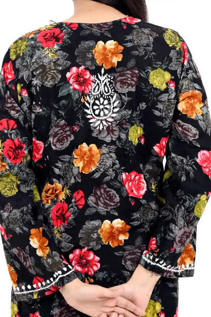 Black soft rayon floral embroidered chikankari plazo set  Kurti Back work
