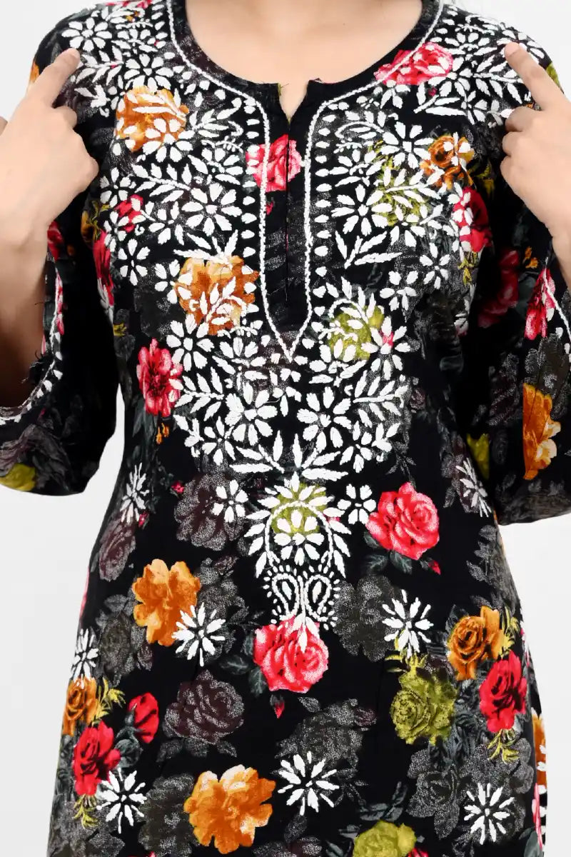 Black soft rayon floral embroidered chikankari plazo set  Kurti Front work