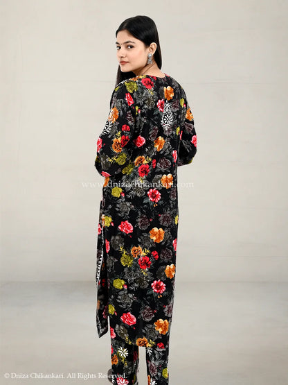 Black soft rayon floral embroidered chikankari plazo set with 44-inch kurti – Dniza Chikankari