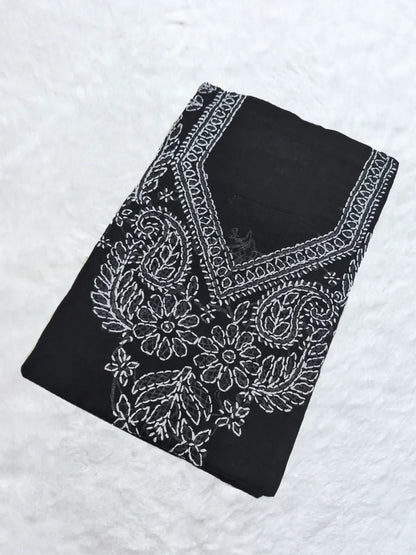 Black voile cotton dress material with white shadow and fanda embroidery, unstitched fabric set.


