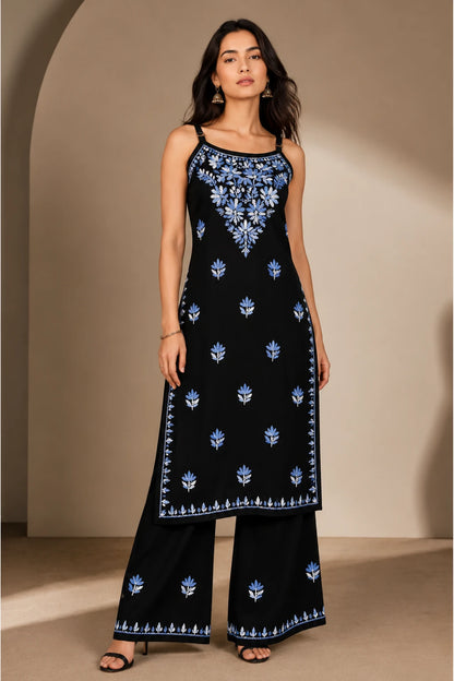Noor Floral Embroidered Sleeveless Rayon Kurti Palazzo Set
