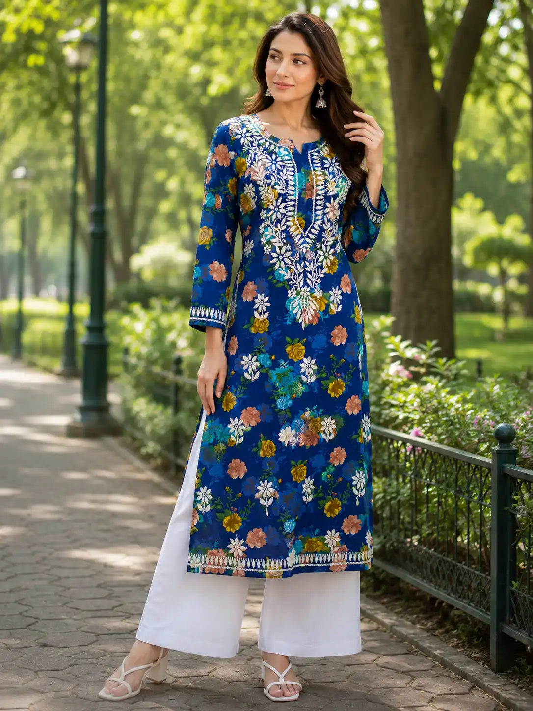 Blue Floral Printed Malmal Cotton Kurti for Women | Soft Straight Fit Summer Kurti | Dniza