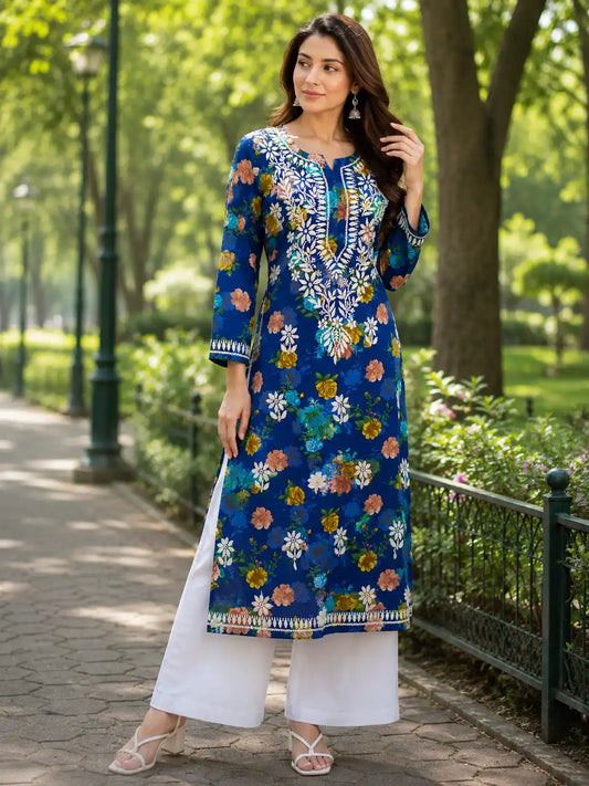 Blue Floral Printed Malmal Cotton Kurti for Women | Soft Straight Fit Summer Kurti | Dniza
