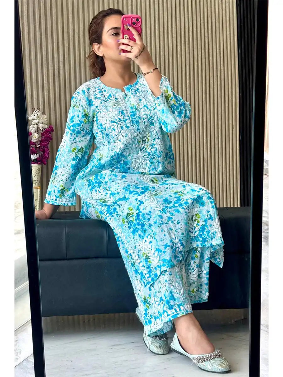 Blue Floral Printed Mulmul Cotton Chikankari Palazzo Set – Stylish Casual Ethnic Wear