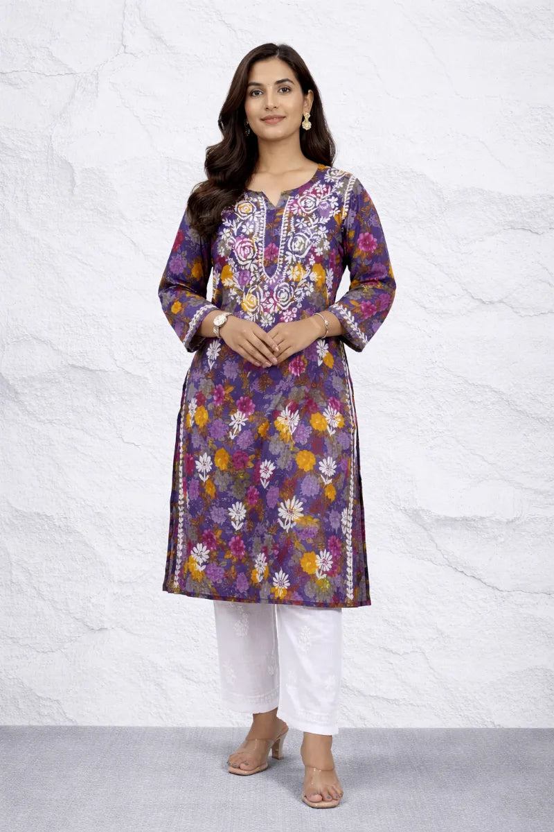 Blue floral printed rayon kurti with white embroidery design