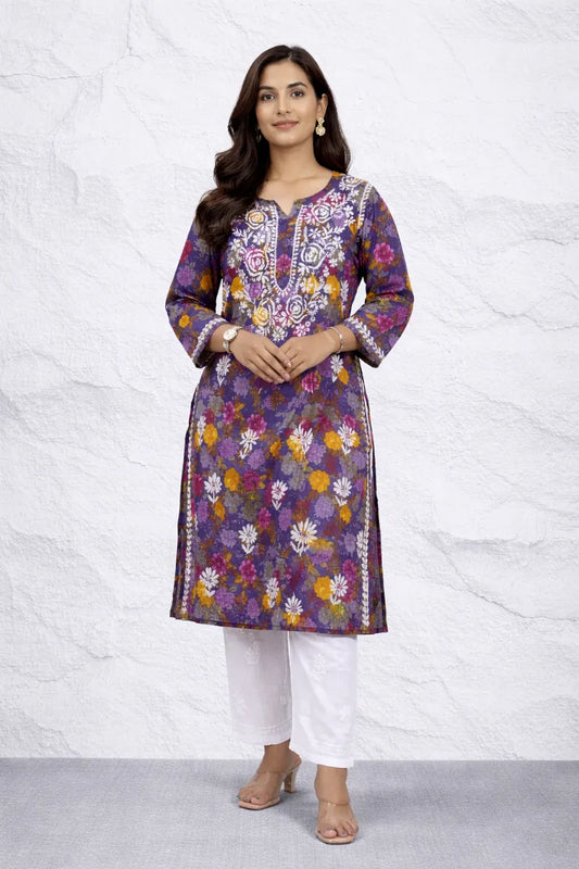 Blue floral printed rayon kurti with white embroidery design