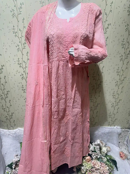Blush Pink – Premium Semi-Stitched Mul Chanderi Gown with Matching Dupatta
