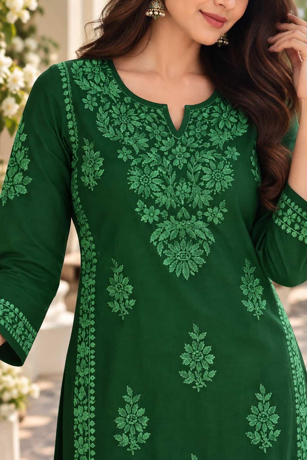 A woman wearing a dark green embroidered kurta with intricate floral patterns and a split neckline, shown in a close-up lifestyle shot.