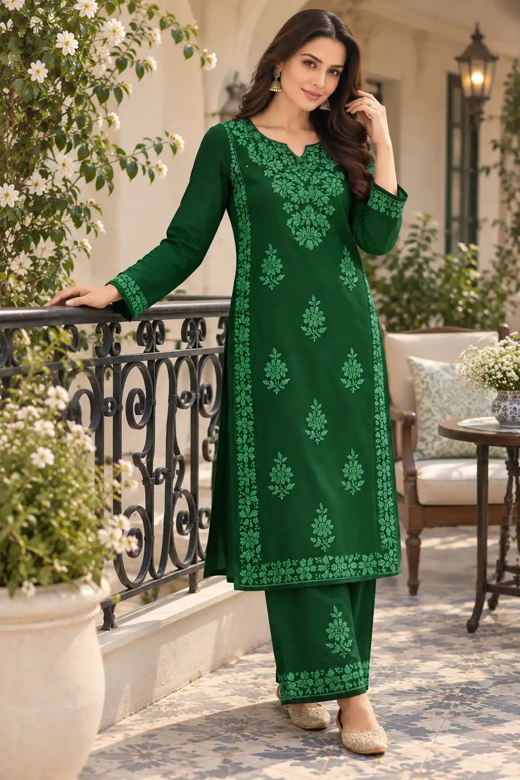 Bottle green rayon embroidered kurta pant set for women