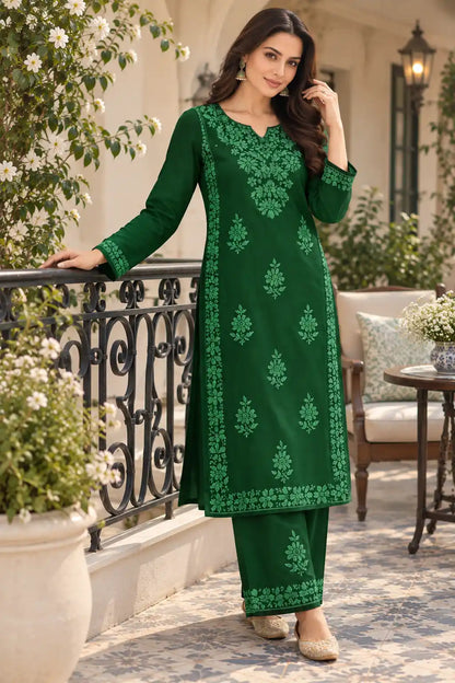 Bottle green rayon embroidered kurta pant set for women