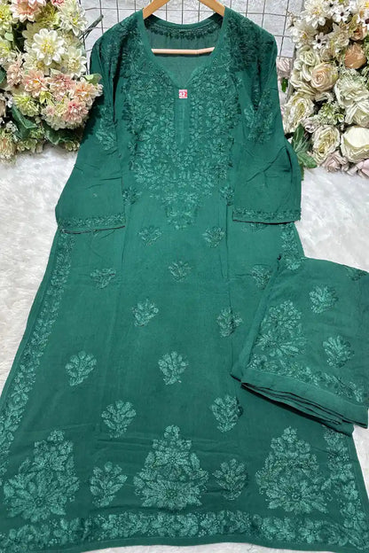 Bottle green rayon embroidered kurti set with heavy front work and border