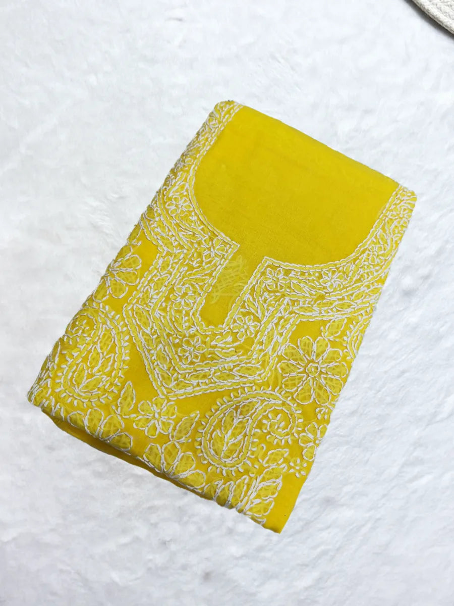 Bright Lemon yellow cotton dress set with white thread embroidery for a fresh and vibrant look.