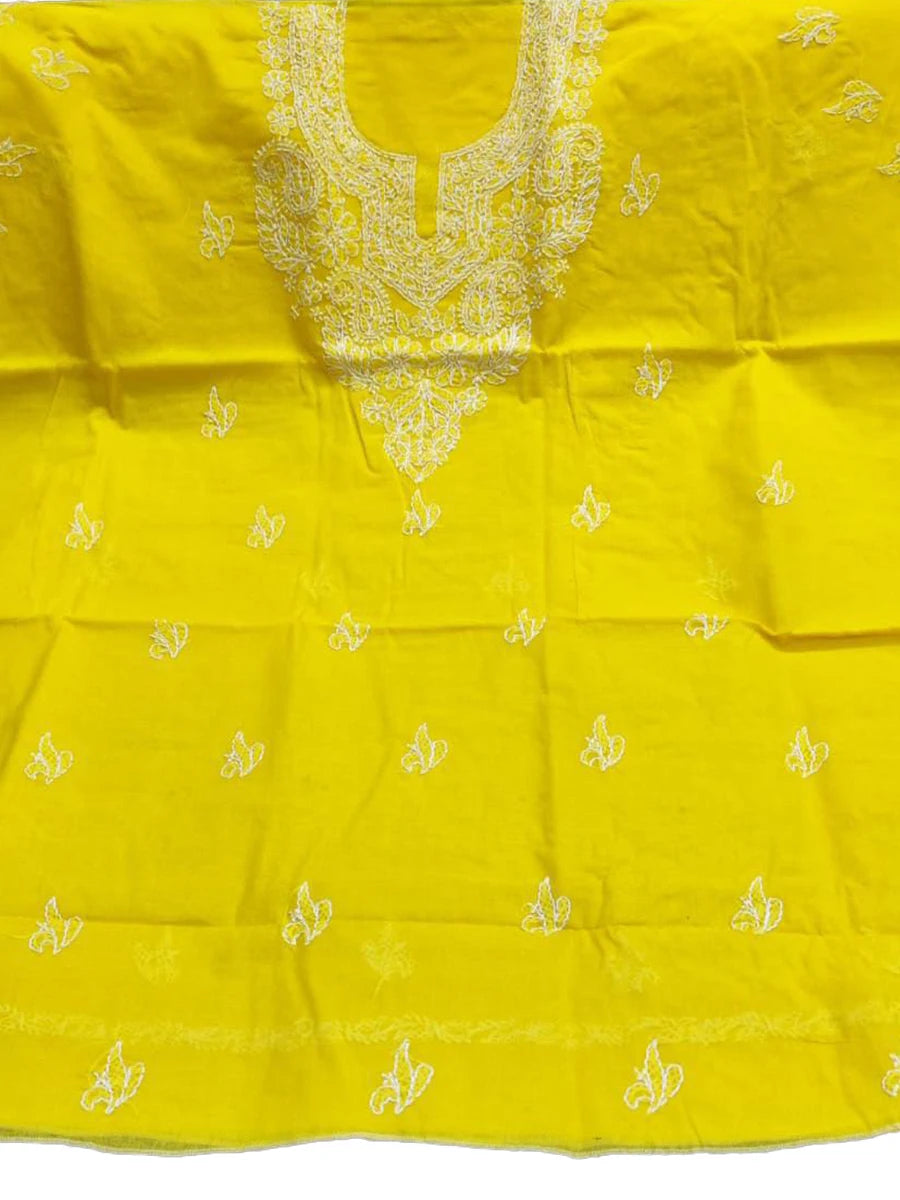 Bright Lemon yellow cotton dress set with white thread embroidery for a fresh and vibrant look(Dniza Chikankari)