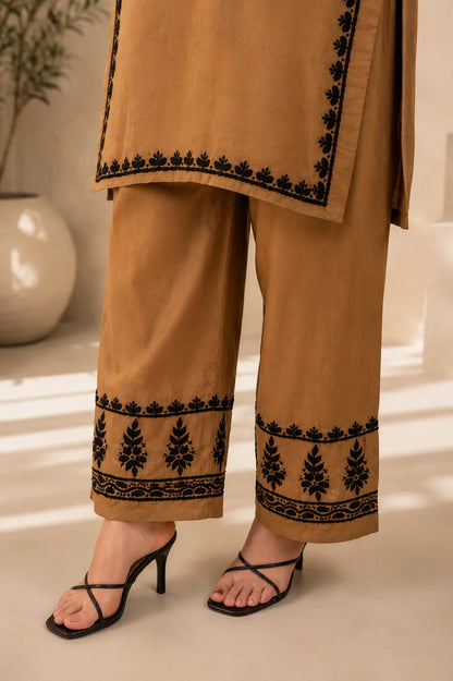 Brown Rayon Straight Kurta Palazzo Set with Authentic Lucknowi Chikankari Embroidery