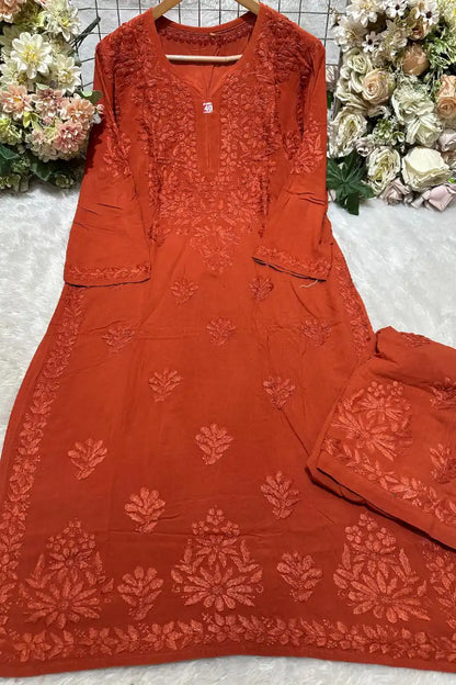 Burnt orange rayon fancy work kurti with all-over 3 boota pattern and border