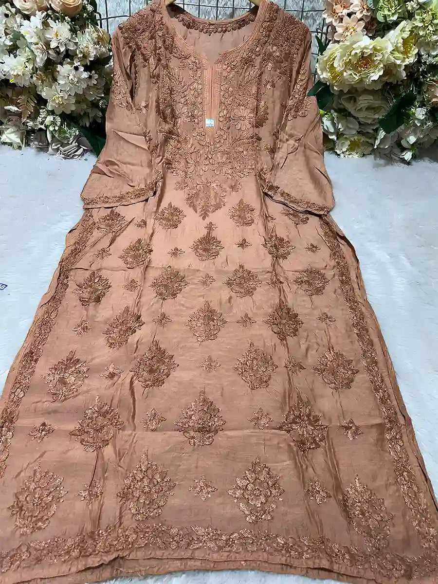 Caramel-colored masleen top with intricate tone-on-tone embroidery and floral motifs